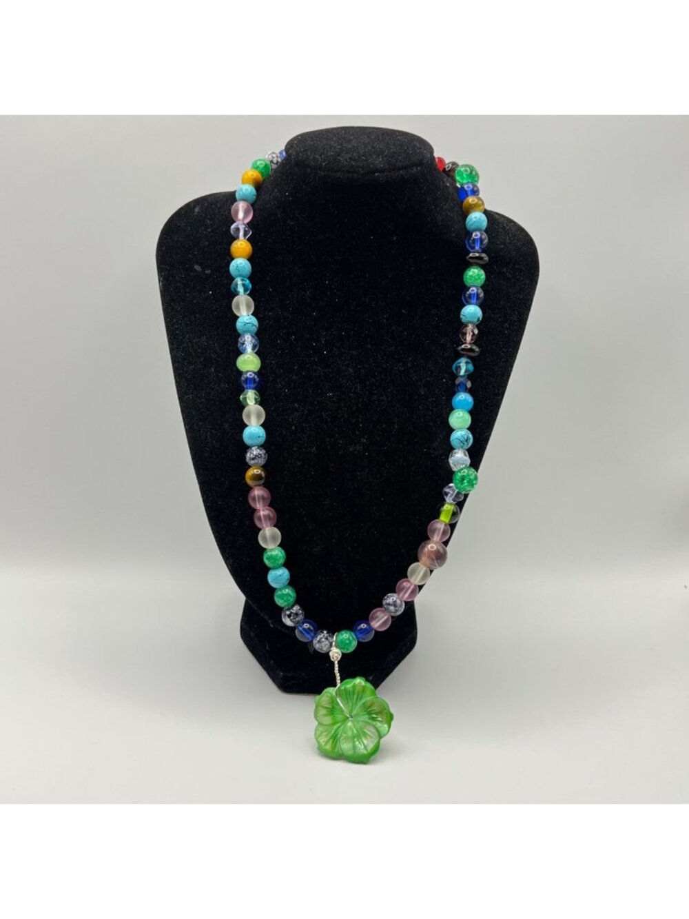 Artisan Glass Bead Necklace Carved Green Flower Pendant Multicolor 19" Boho